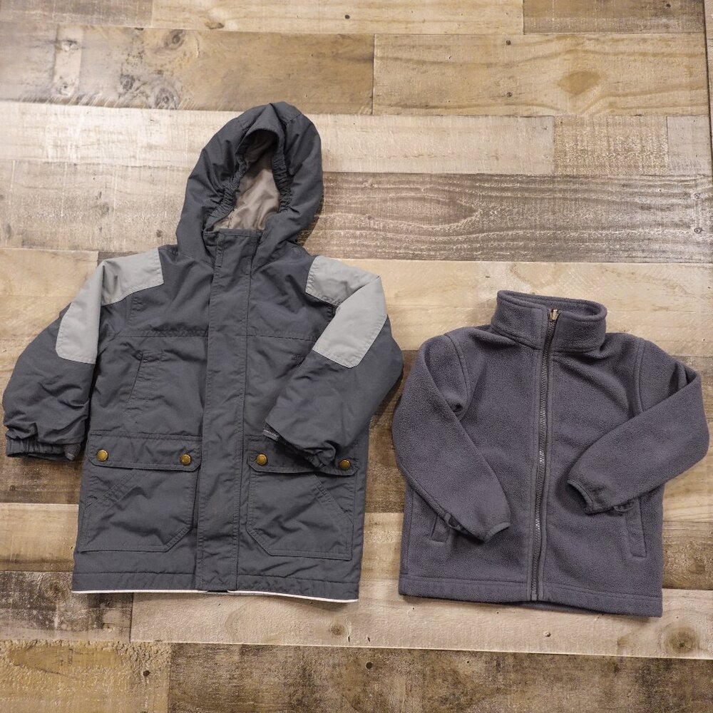 Lands’ End Kids 3-in-1 Winter Jacket Boys 4 Gray Hooded Coat Fleece Liner